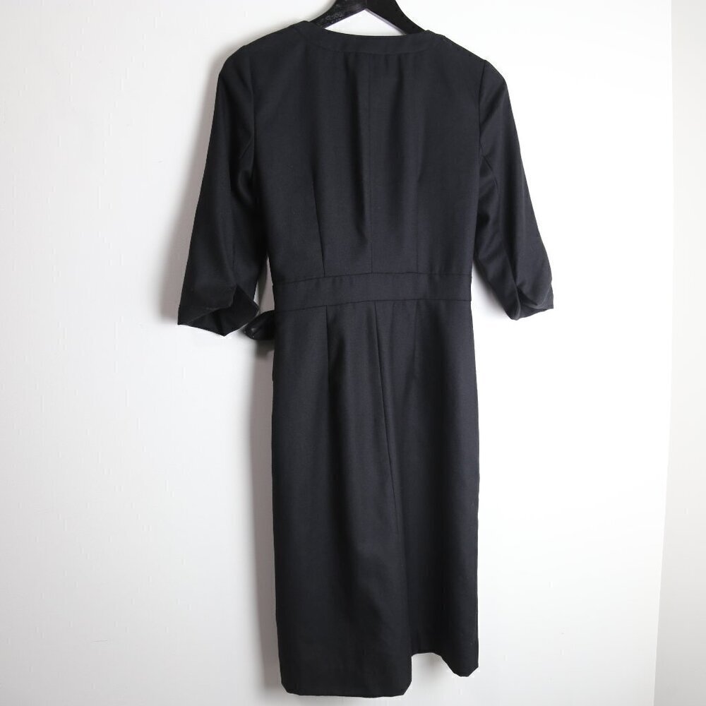 J.Crew Black 100% Wool 3/4 Sleeve Belted Wrap Bodycon Midi Dress Size 4 - Picture 4 of 9